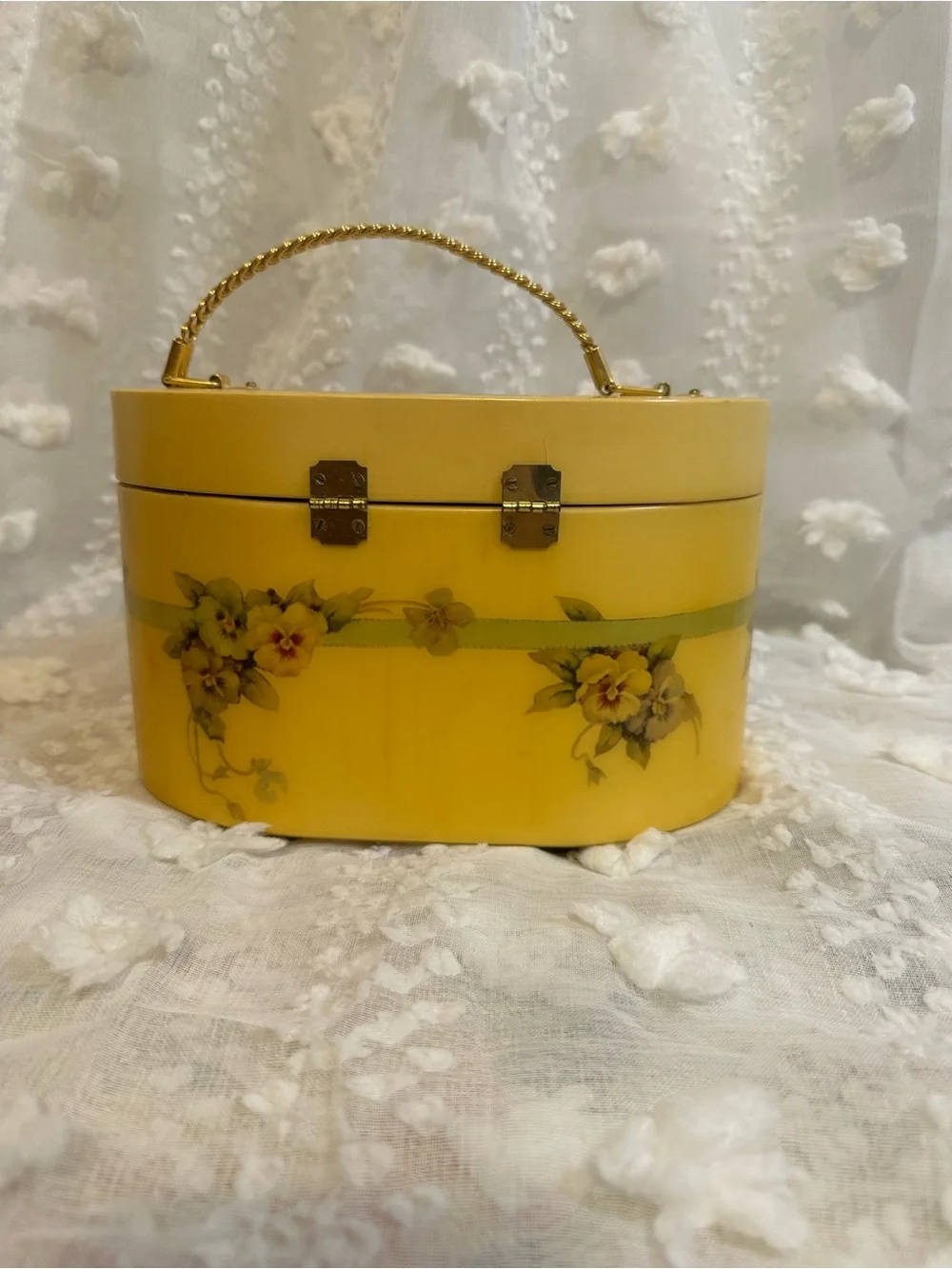 Vintage Yellow/Floral Oval Box purse with Teal Interior